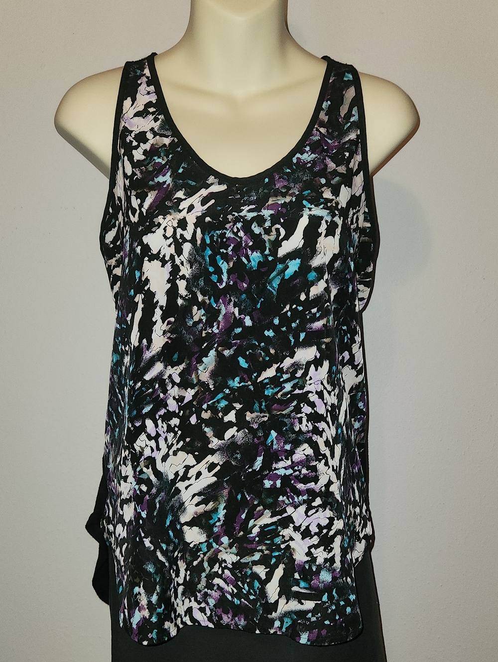 Mossimo Black Tank with Teal, Purple and White Abstract Pattern